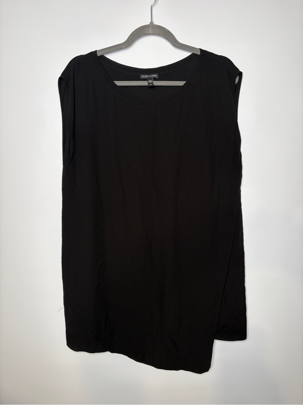 Eileen Fisher Black Silk Asymmetric Boat Neck Cap Sleeve Top Size Small